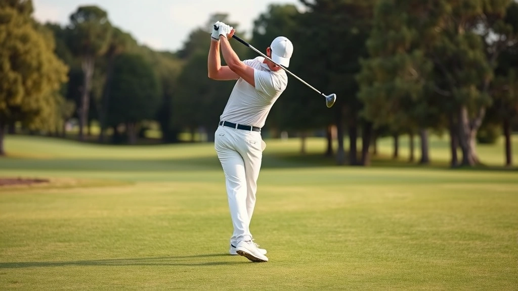 Golfer executing downswing on fairway with proper body rotation, lag position visible, natural follow-through motion, trees and fairway in soft focus background