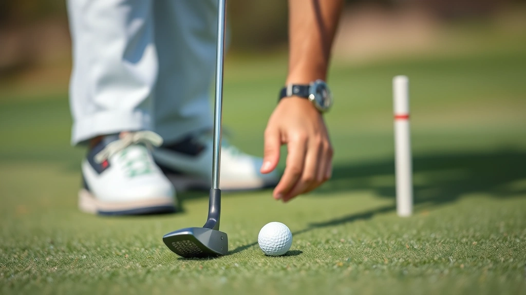 Golfer putting on green with focused expression, putter head aligned with ball, smooth pendulum motion captured, manicured green with pin visible in background