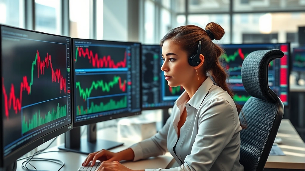Professional female financial analyst studying currency market charts on multiple computer monitors in modern trading office environment, concentrated expression, natural lighting