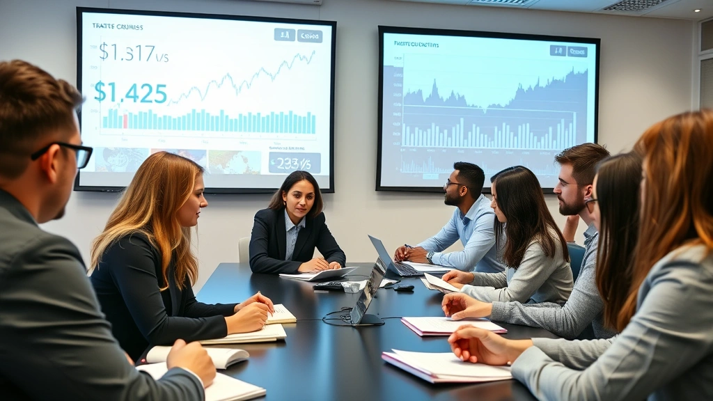 Diverse group of business students in classroom setting analyzing economic data and currency graphs on projection screen, taking notes, engaged learning atmosphere