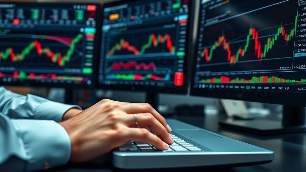 Close-up of trader's hands on keyboard with multiple financial dashboards visible on screens showing real-time forex price movements and technical analysis indicators