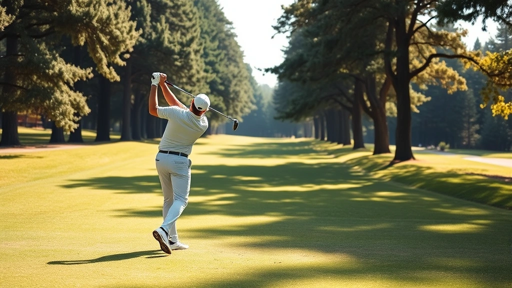 Professional golfer in mid-swing on a lush fairway surrounded by mature trees, perfect form demonstrating proper posture and balance during drive, morning sunlight creating shadows on manicured grass