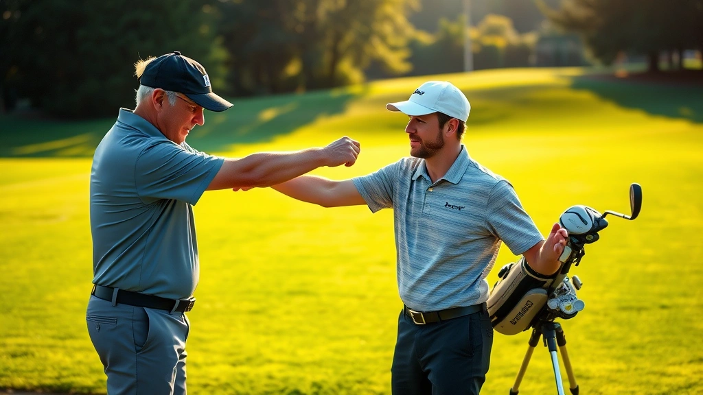 Professional golf instructor demonstrating proper swing mechanics to adult student on practice range, morning sunlight, instructor guiding student's arm position, lush green fairway background, realistic detailed photography