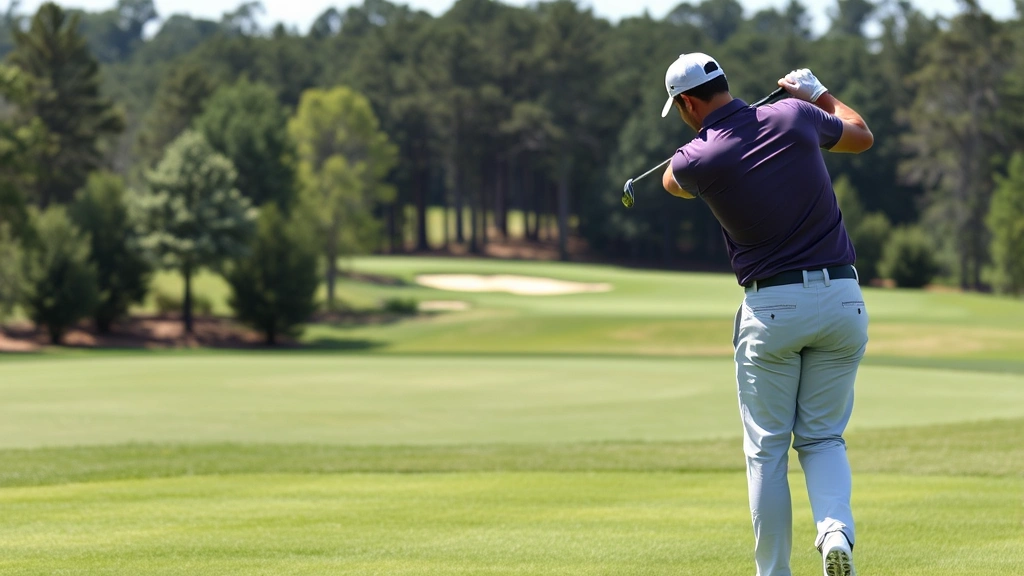 Golfer hitting iron shot from fairway toward elevated green, focused concentration on face, distant trees and water hazard visible, professional course conditions with pristine turf maintenance