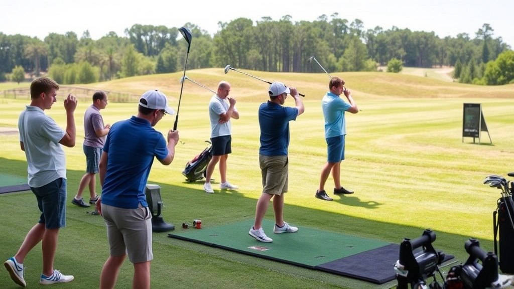 Group of mixed-age golfers practicing on well-maintained driving range with launch monitor technology visible, focused concentration on their shots, natural daylight, manicured grass and distant trees, educational learning environment