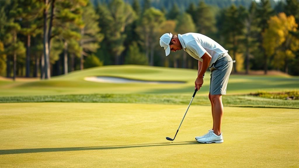 Golfer on putting green reading break and line before stroke, bent posture examining surface, scenic course landscape with trees in background, afternoon light illuminating green surface