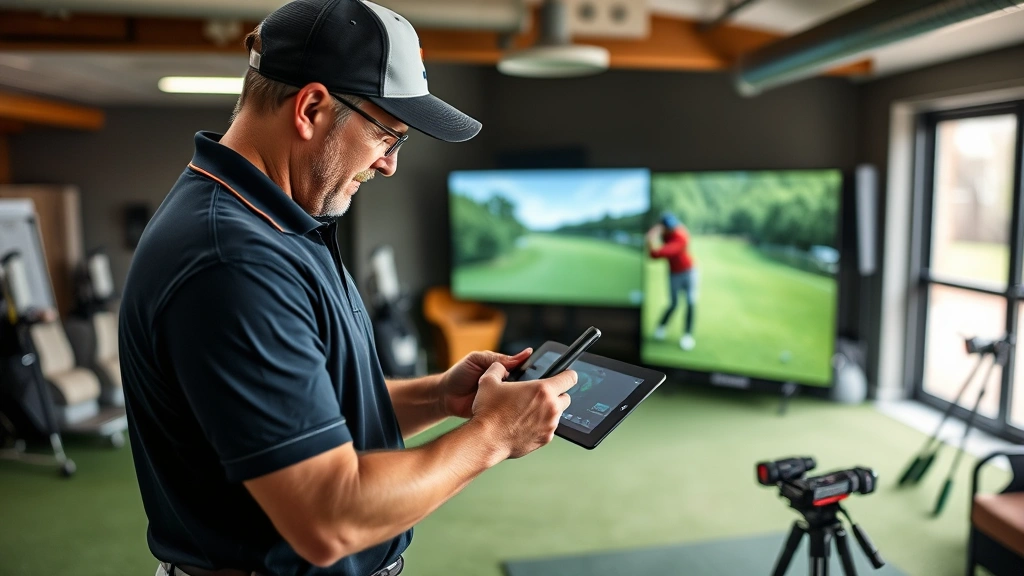 Experienced golfer receiving video analysis feedback from instructor reviewing swing footage on tablet device, both studying screen intently, indoor instruction facility with professional setup, realistic detailed scene