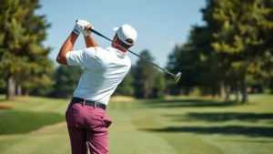 Professional golfer demonstrating proper swing mechanics on manicured fairway with trees in background, natural daylight, focused athletic posture