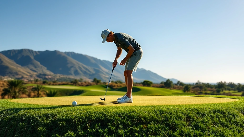 Golfer reading green on elevated putting surface, bent forward studying slope, vibrant green grass, scenic course backdrop with elevation changes