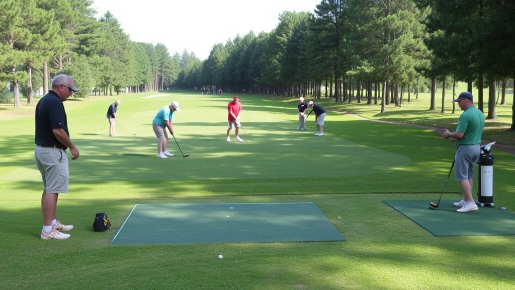 Practice range with multiple golfers working on short game shots near green, variety of distances, natural learning environment with instructor observing