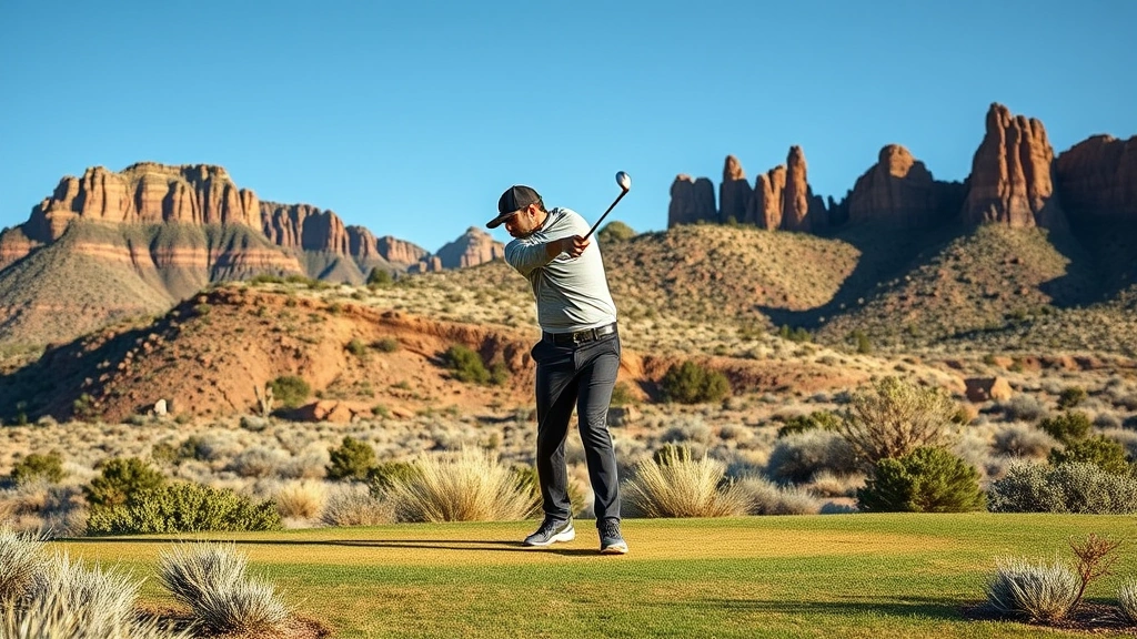 Professional golfer mid-swing at high-desert golf course with dramatic rocky terrain and native vegetation in background, clear Colorado sky, natural lighting