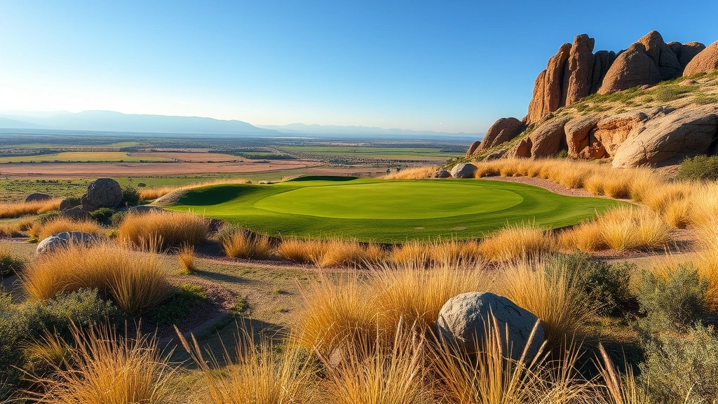 Elevated view of pristine golf green surrounded by native grasses and natural rock formations, fairway stretching into distance with mountains visible, morning light