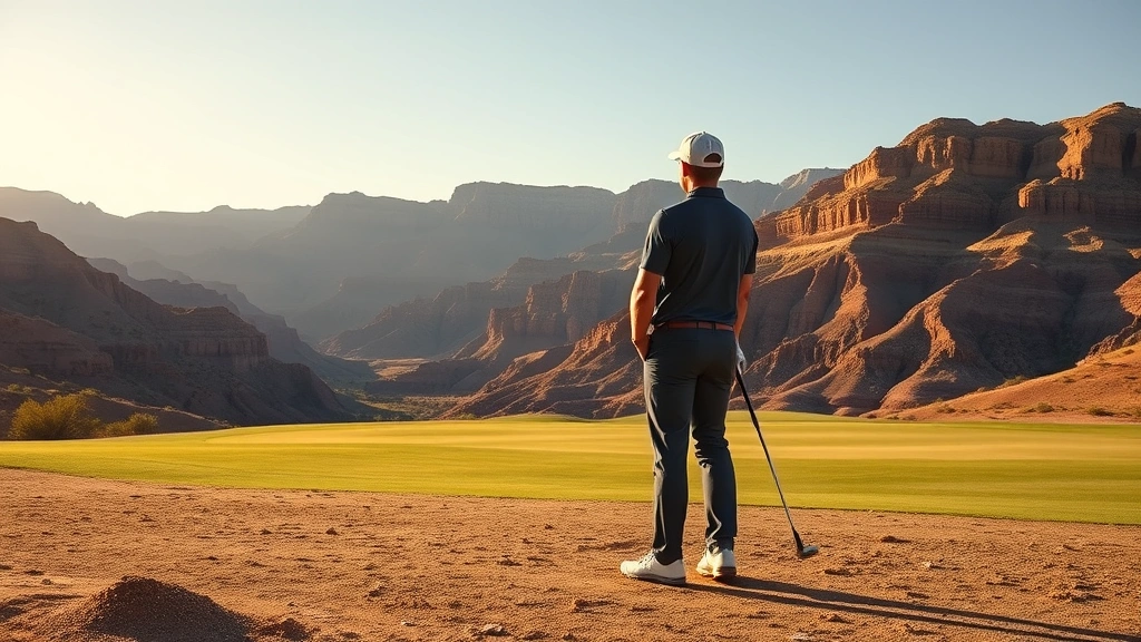 Golfer standing on fairway examining terrain with dramatic elevation changes, canyon-like landscape with exposed rock layers, warm desert lighting conditions