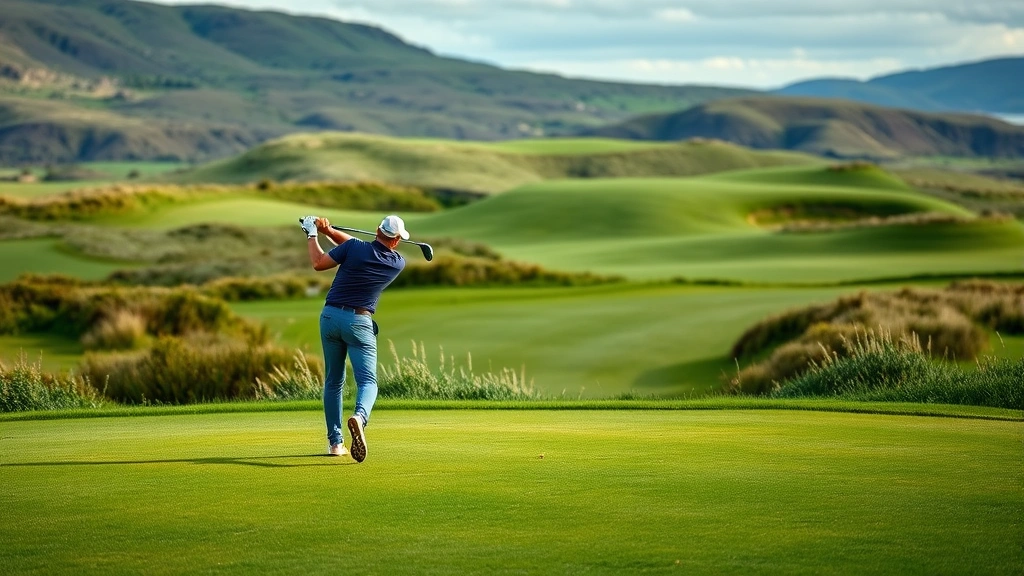 Professional golfer mid-swing on lush green fairway with elevated terrain and bunkers visible in background, Irish landscape setting with natural lighting