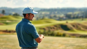 Professional golfer analyzing course terrain and elevation changes with focused expression, standing on fairway with course landscape visible, natural lighting, photorealistic detail
