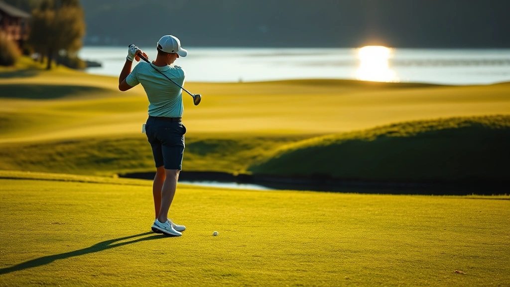 Professional golfer executing a precise approach shot on a lush fairway with water hazard visible in background, morning sunlight creating depth and shadows