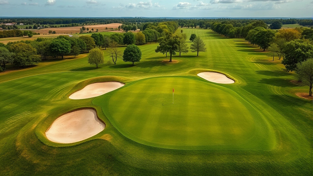 Overhead view of pristine golf green with bunkers, showing course maintenance quality and strategic hazard placement, natural landscape in distance