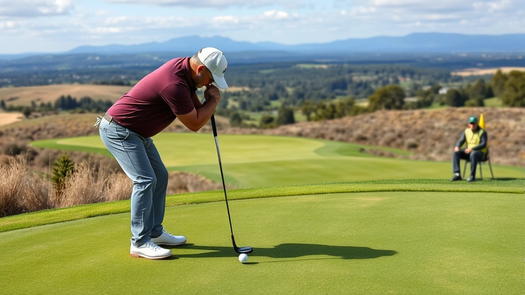 Golfer preparing to putt on elevated green with scenic views, demonstrating concentration and course difficulty, professional golf course setting