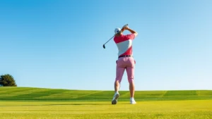 Golfer in vibrant athletic wear mid-swing on manicured fairway with lush green grass and blue sky, natural sunlight, realistic professional golf course setting