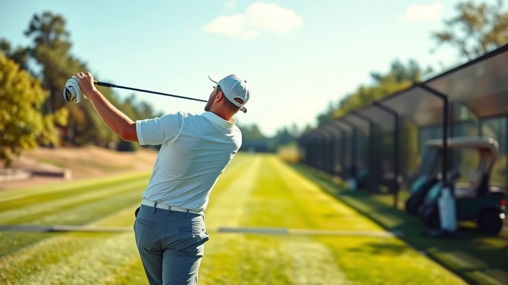 Professional golfer in mid-swing at a driving range, showing proper form and technique, morning sunlight, focused expression, demonstrating athletic posture and rotation
