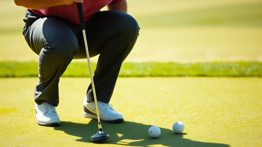 Golfer reading the green before putting, crouched down examining the surface, putter in hand, professional putting stance, green fairway background, sunny day