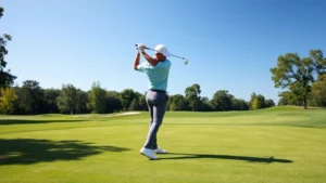 Professional golfer in proper stance position at address, demonstrating correct posture and alignment on a lush fairway with clear blue sky background