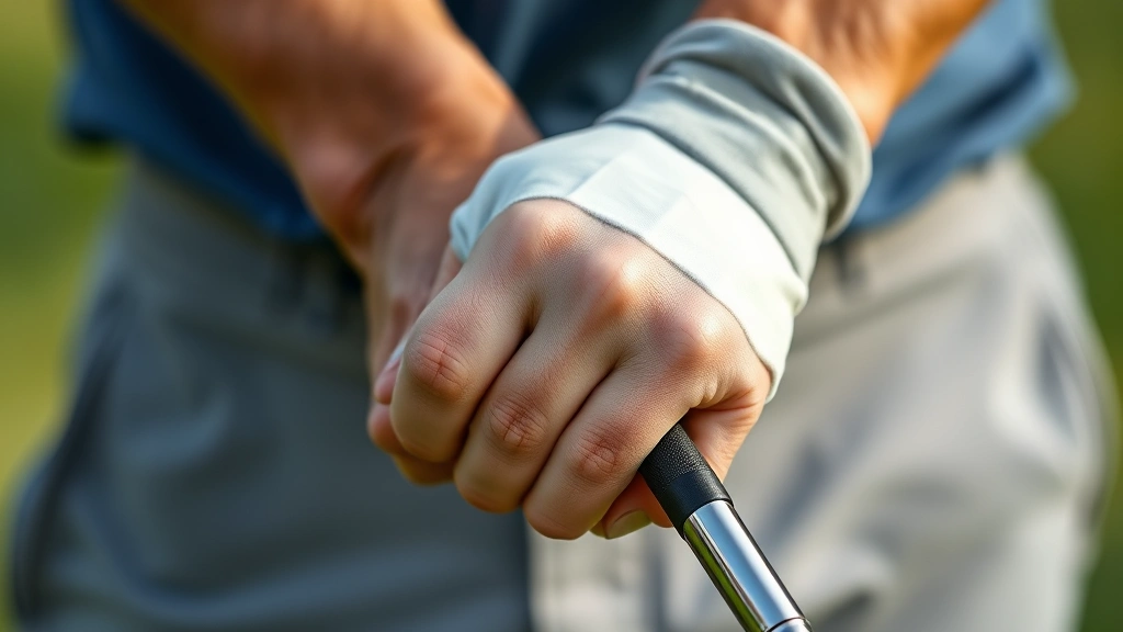 Close-up of golfer's hands showing proper grip technique on club, demonstrating overlapping grip style with relaxed but firm hand positioning
