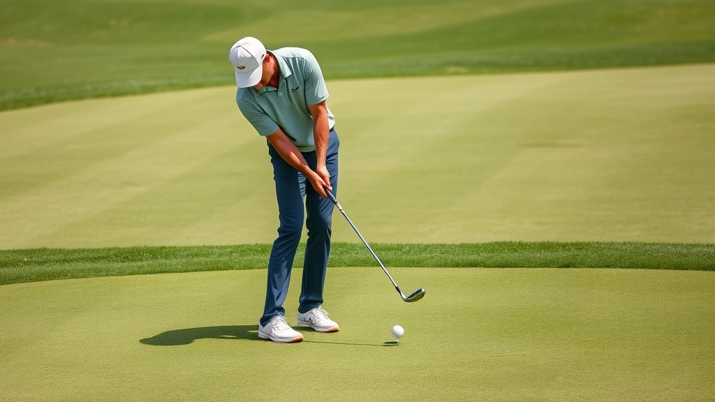 Golfer executing short game chip shot near green, showing proper weight distribution and smooth pendulum-like motion with focused concentration