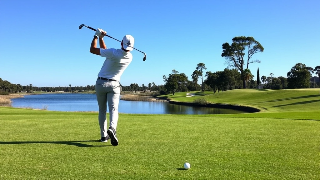 Professional golfer mid-swing on manicured fairway with water hazard and trees in background, clear blue sky, natural daylight