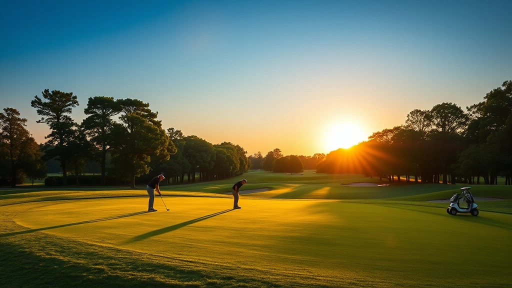 Golfers practicing on lush fairway with trees and bunkers visible in background during golden hour lighting