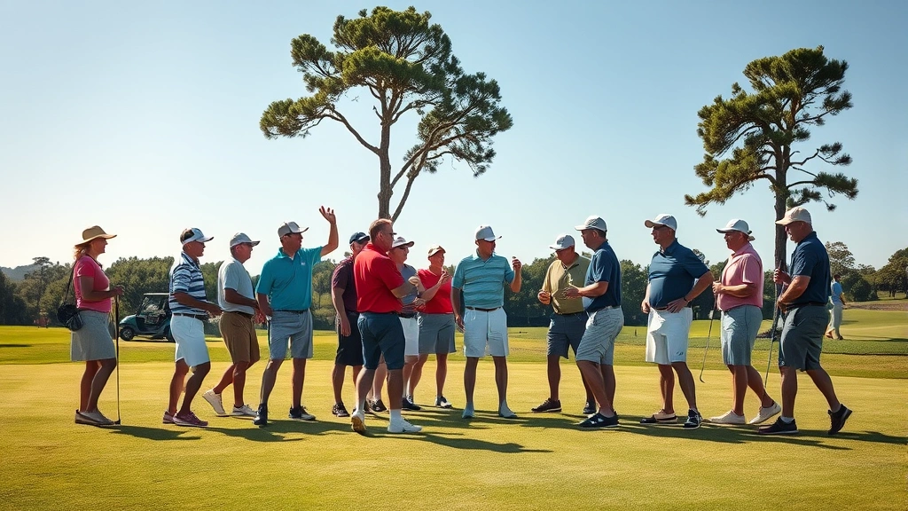 Group of golfers on green celebrating and socializing after completing their round on sunny day