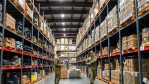 Military supply warehouse with organized shelves of equipment and inventory management systems, soldiers in uniform checking stock levels and taking inventory counts in a modern logistics facility