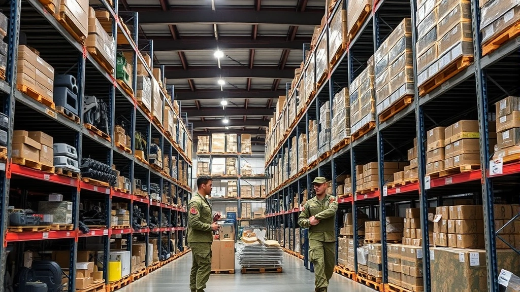 Military supply warehouse with organized shelves of equipment and inventory management systems, soldiers in uniform checking stock levels and taking inventory counts in a modern logistics facility