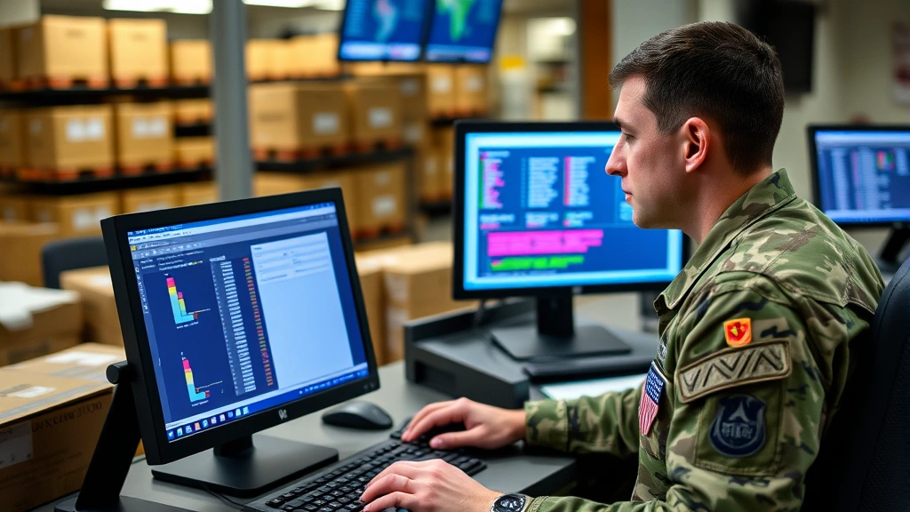 Army supply sergeant working at computer terminal managing digital inventory system, focused on screen displaying supply data and requisition processing, professional military logistics operations center environment
