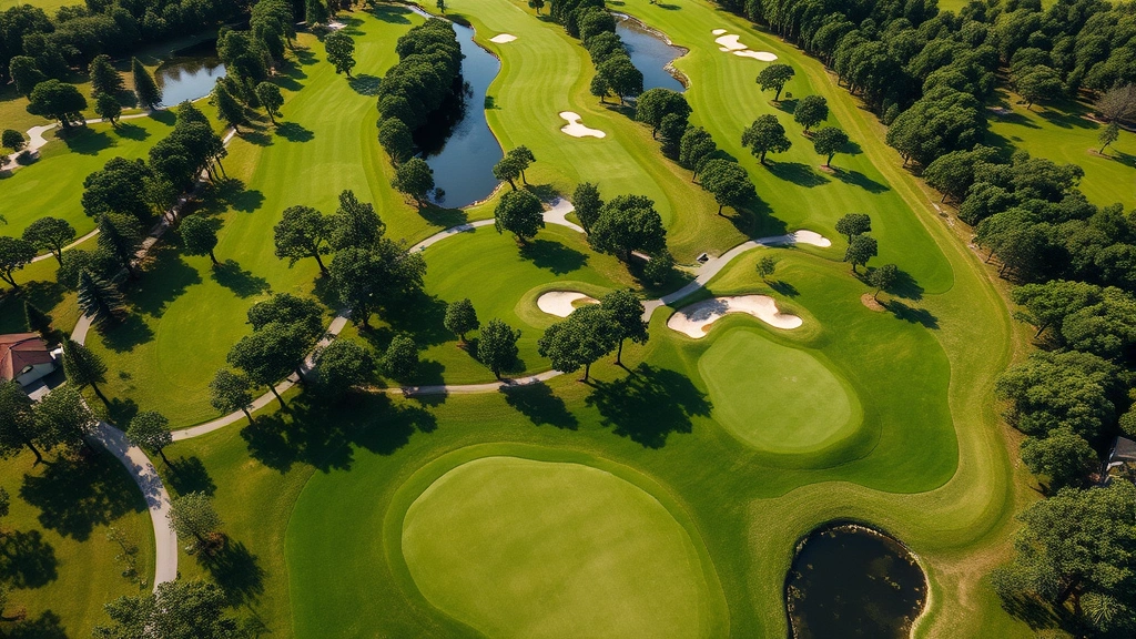 Aerial view of lush eighteen-hole golf course with tree-lined fairways, pristine greens, and natural water features on sunny day, birds-eye perspective showing course layout and strategic design elements