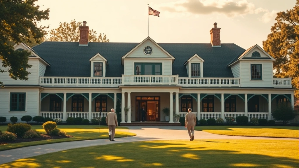 Vintage golf clubhouse exterior with classic architecture, manicured landscape grounds, members in golf attire walking toward entrance, warm afternoon lighting creating welcoming atmosphere