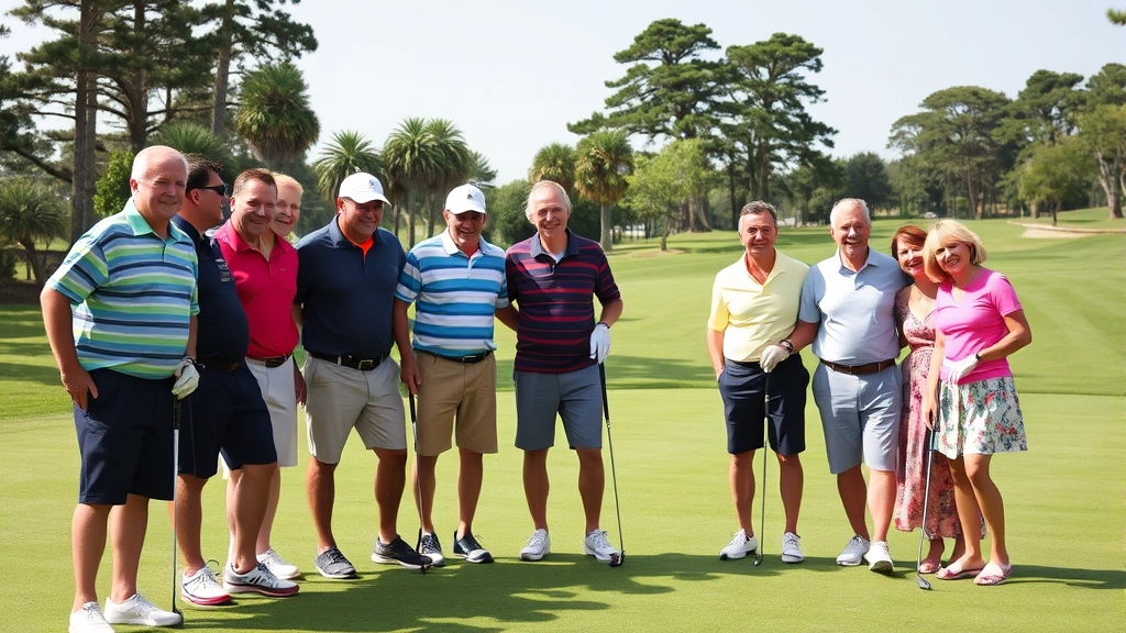 Group of diverse golfers of different ages celebrating on eighteenth green, genuine smiles and camaraderie, beautiful course backdrop with mature trees, capturing community and friendship aspects of club membership