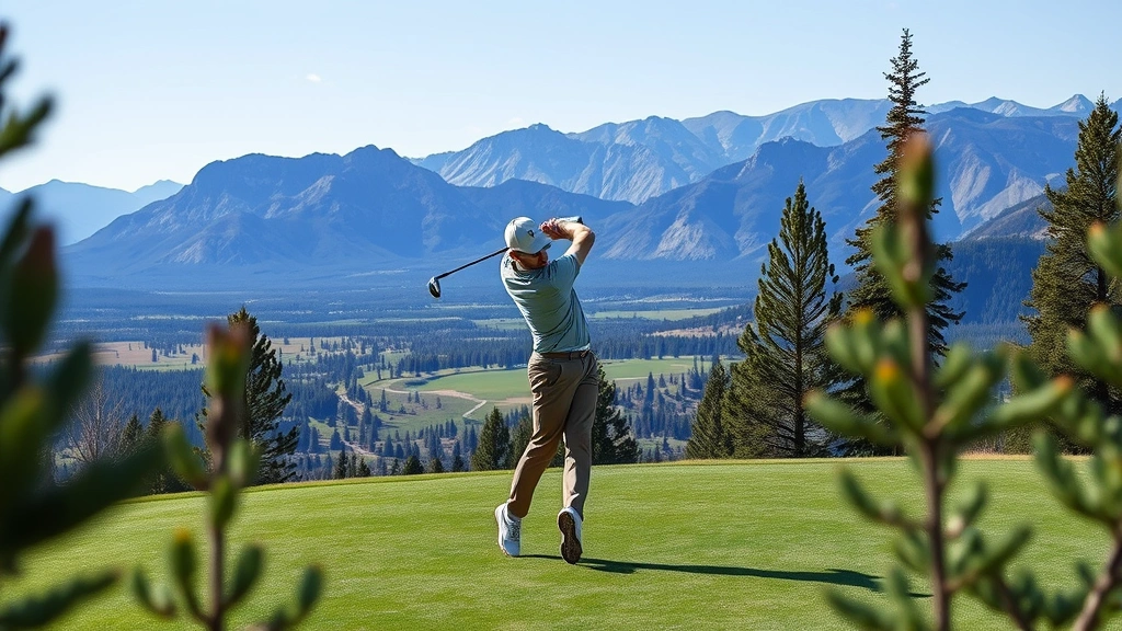 Golfer mid-swing on mountain course with Utah valley landscape, clear blue sky, evergreen trees framing shot, professional form captured mid-motion