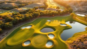 Aerial view of a beautifully landscaped golf course with manicured fairways, strategic bunkers, and natural water features reflecting golden sunlight, surrounded by mature trees and varied terrain