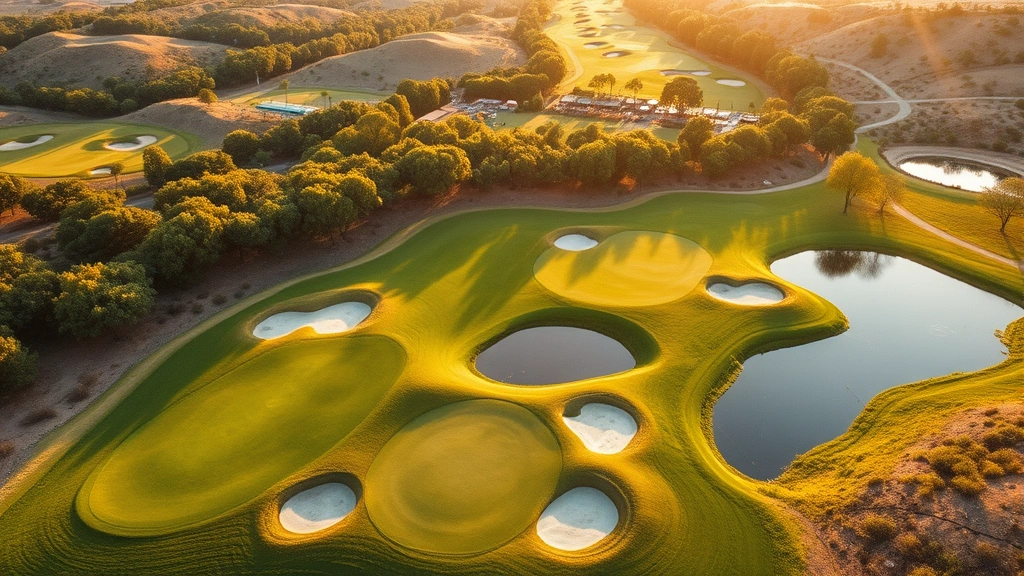 Aerial view of a beautifully landscaped golf course with manicured fairways, strategic bunkers, and natural water features reflecting golden sunlight, surrounded by mature trees and varied terrain