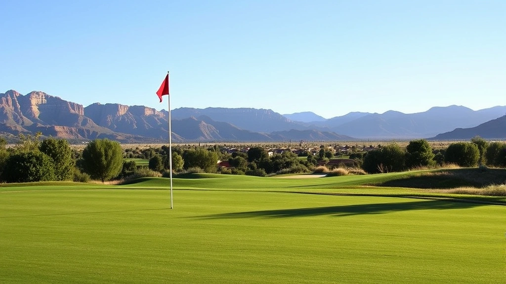 Well-maintained championship golf green with flag, bunkers visible, manicured fairway, mountain peaks visible in distance, natural Utah landscape