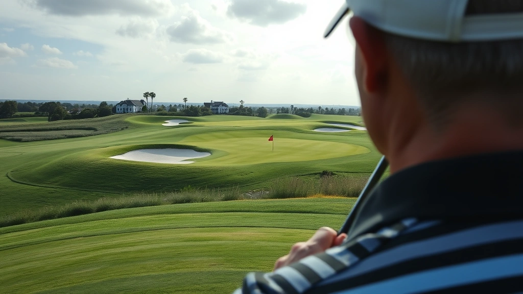 Close-up of a professional golfer's perspective from tee box overlooking a par-4 hole with undulating fairway, strategic bunkering, and well-maintained green in the distance