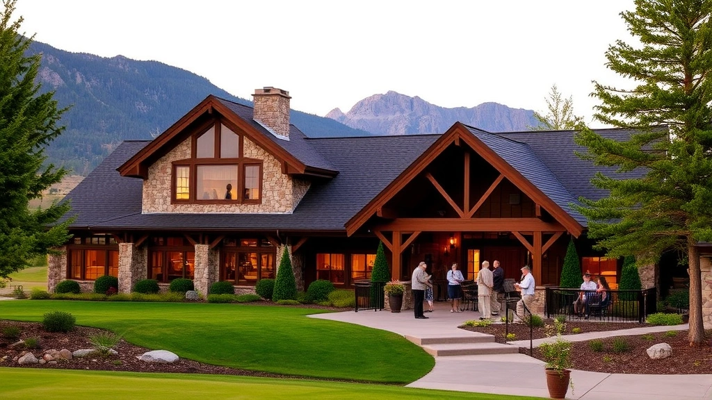 Golf course clubhouse exterior with stone and wood architecture, mountain backdrop, landscaped grounds, members socializing on terrace, warm golden hour lighting