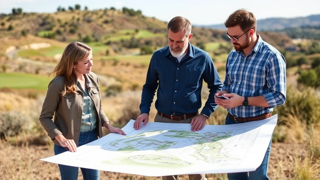 Landscape architect team reviewing golf course design plans and site models outdoors, discussing layout with property topography visible in background, showing collaborative design process