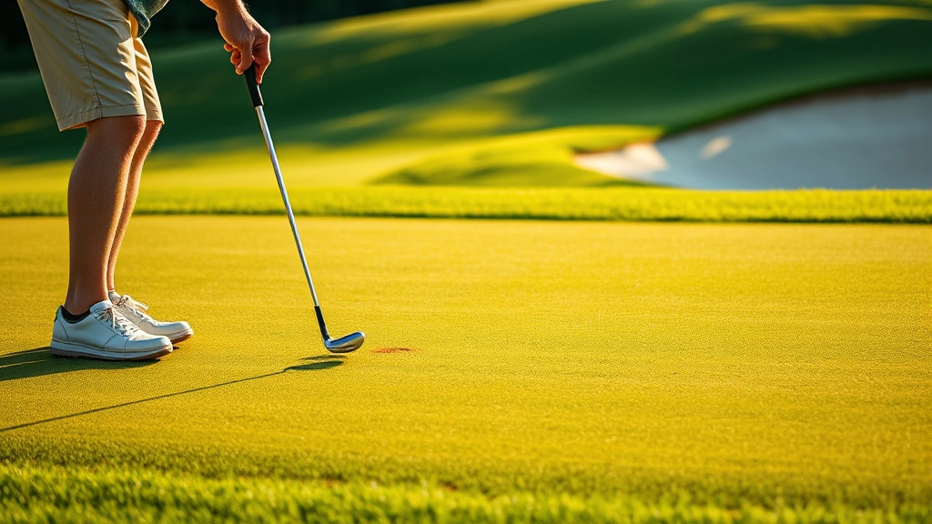 Golfer practicing short game shots on manicured chipping green with flag stick, showing proper chipping technique and form, afternoon light, green grass and bunker visible