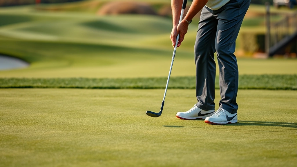 Golfer putting on championship green with varied slopes and undulation, intense focus on putt, professional putting stance, high-quality golf course maintenance, natural outdoor lighting