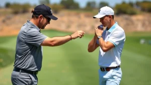 Professional golf instructor demonstrating proper grip and stance to a student on a sunny practice range, showing correct posture alignment with relaxed shoulders