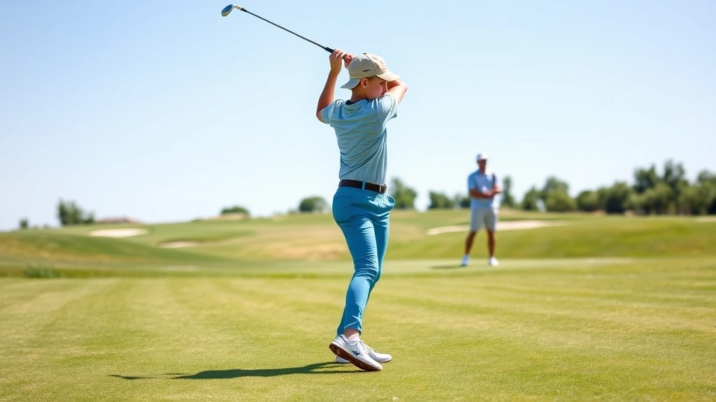 A young golfer in mid-swing on a wide, well-manicured fairway with gentle rolling terrain, professional golf instructor observing in background, clear sunny day, beginner-friendly course environment