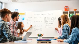 Diverse group of students collaboratively solving math problems on a whiteboard in a bright, modern classroom with natural light and educational materials visible