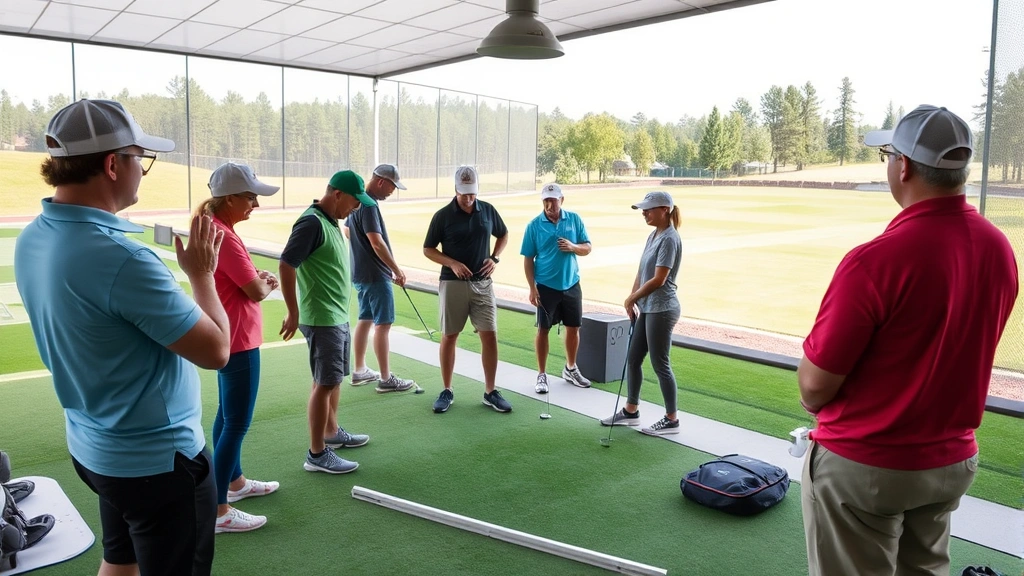Diverse group of beginner golfers practicing on a driving range with PGA instructor providing guidance, modern practice facility with targets and distance markers visible, supportive learning community atmosphere